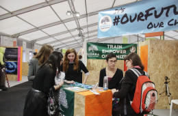 Pittsburgh climate activist Angela Wiley (second from the right) is participating in events at the UN climate talks in Paris as part of a delegation from the Sierra Sutdent Colation. Photo: Ashley Wineland / Sierra Student Coaltion