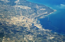 The city of Milwaukee on the western coast of Lake Michigan uses the lake for its drinking water. But just 17 miles to the west, the city of Waukesha is prohibited from using Great Lakes water unless it gets permission from the eight Great Lakes states. Photo: Ron Reiring via Flickr