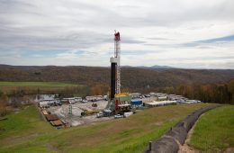 An aerial view of a natural gas well pad