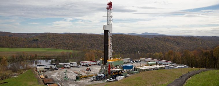 An aerial view of a natural gas well pad