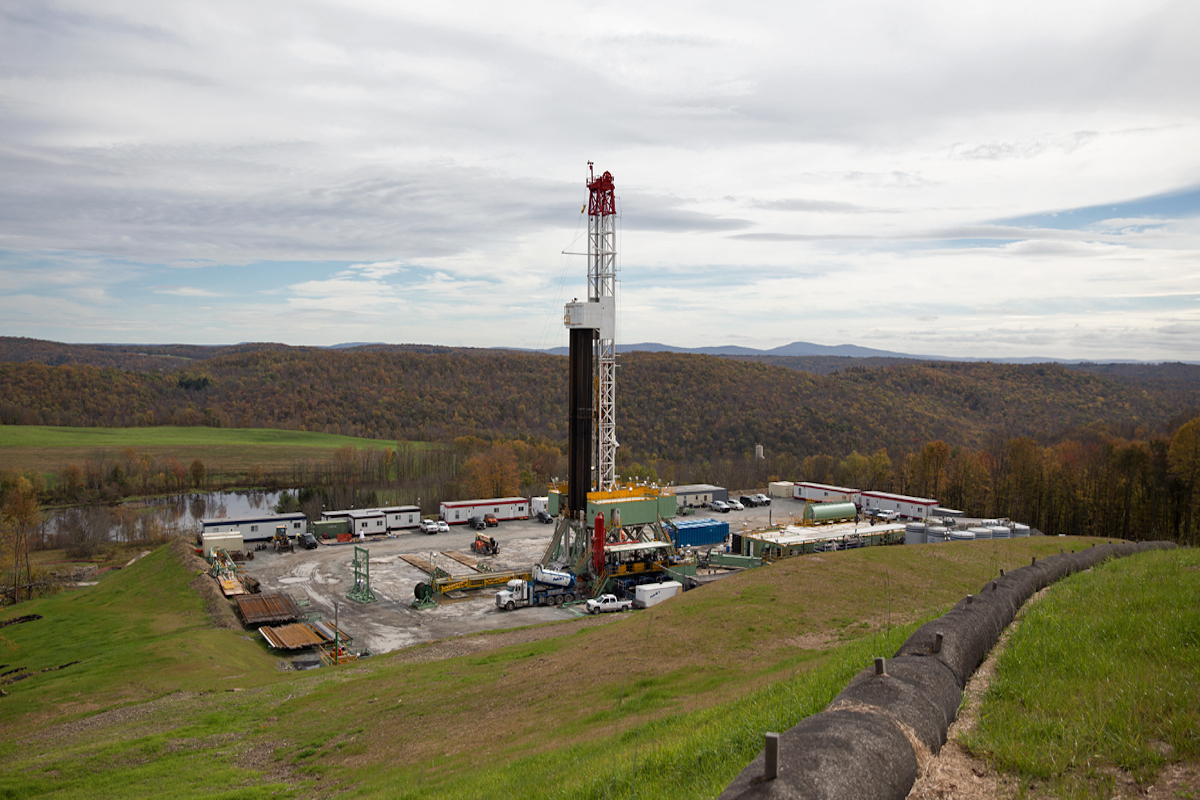 An aerial view of a natural gas well pad