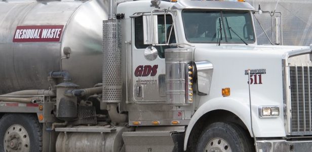 A truck delivers fracking wastewater