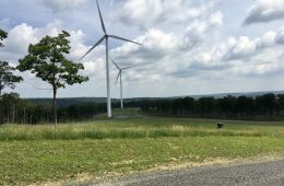 two wind turbines in an open field