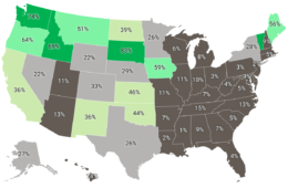 Map of U.S. showing percentage of energy coming from renewables