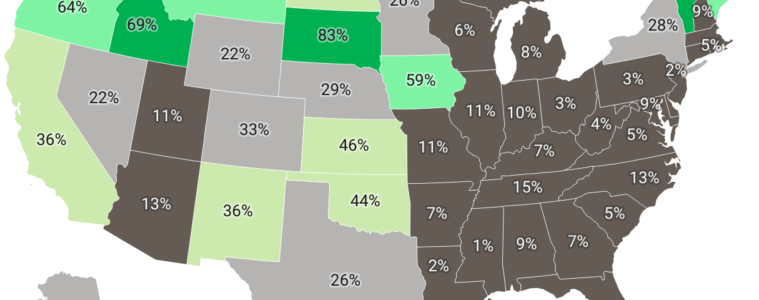 Map of U.S. showing percentage of energy coming from renewables