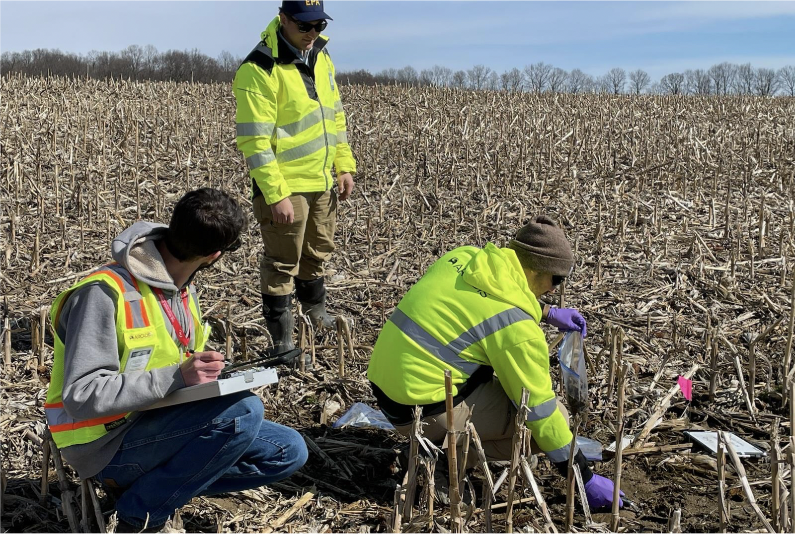 Three people in yellow reflective coats in a farm field.