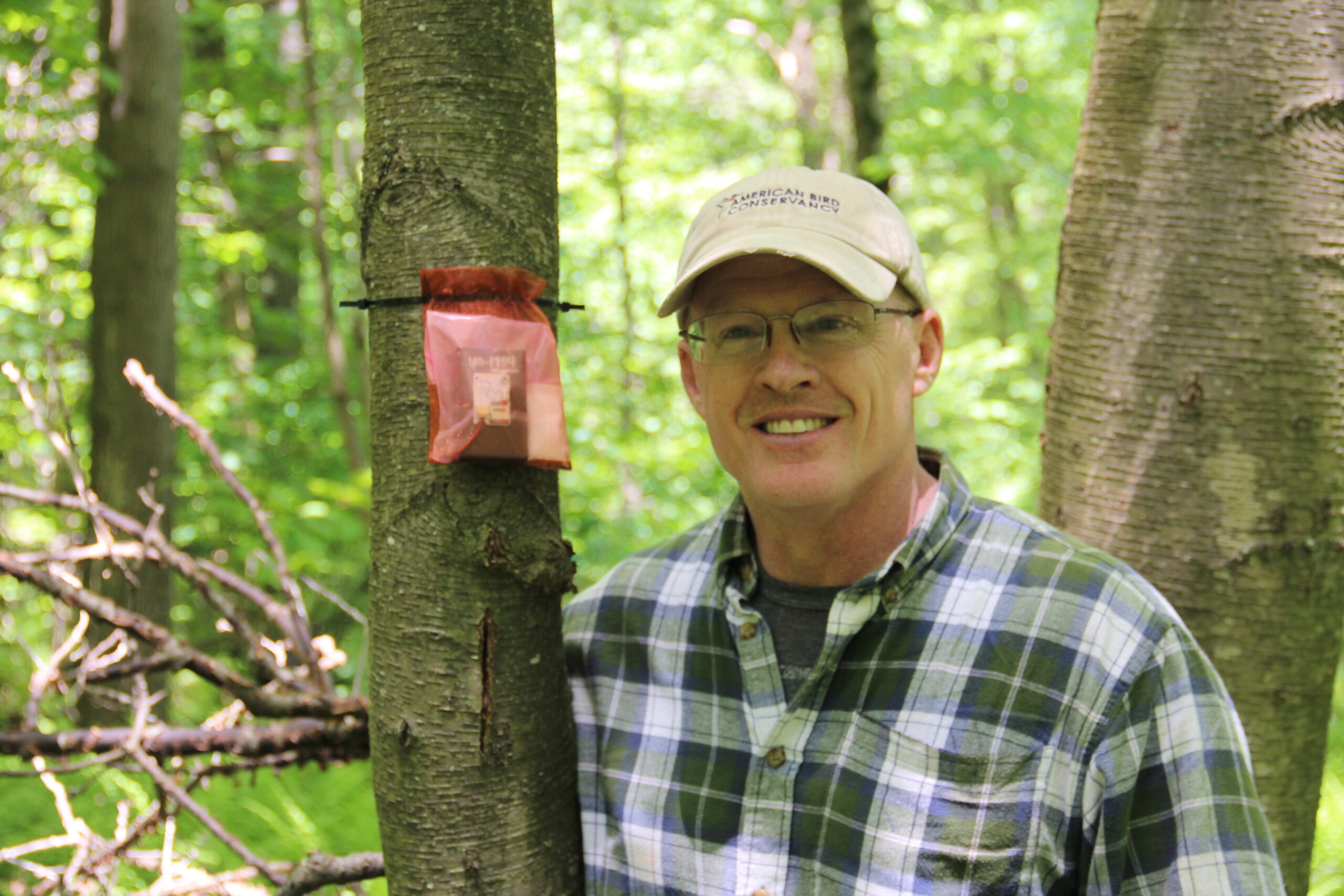 Man in a plaid shirt and a cap standing next to a tree with a red baggie attached to it.