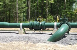 A green pipeline sits in front of a background of trees