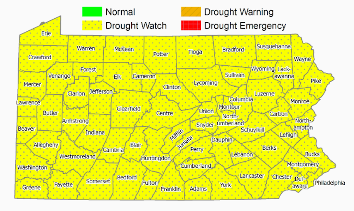 Map of the counties in Pa., indicating a drought watch