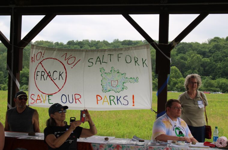 A sign that reads "No! No! Frack Save Our Salt Fork Parks!