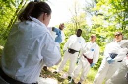 People in white suits standing in a circle outside