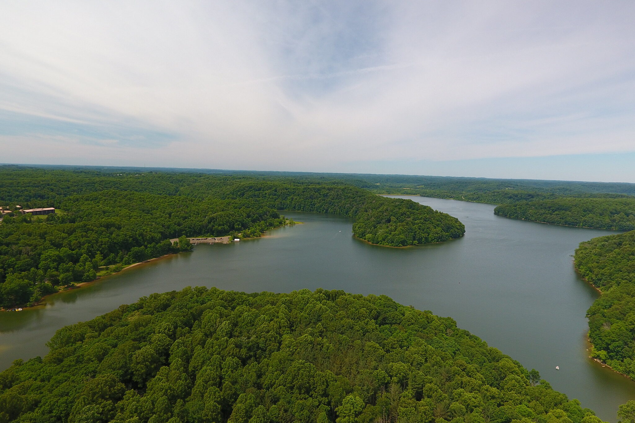 Aerial photo of the lake at Salt Fork State Park