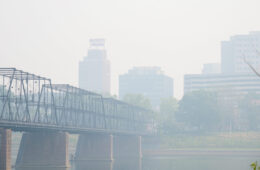 Smokey view of Harrisburg buildings