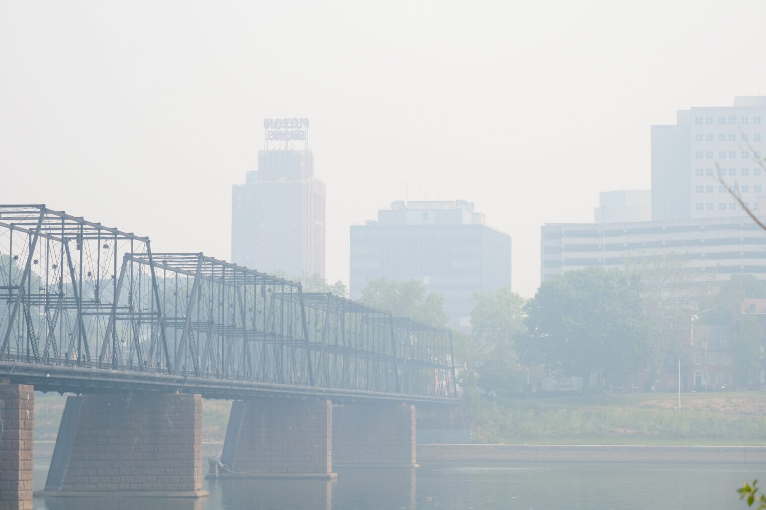 Smokey view of Harrisburg buildings