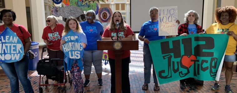 Valerie Webb-Allman at a podium in the capitol with people holding handmade signs that say "Clean Water Now," "Stop Hurting Us," "Black Voices for Climate Justice."