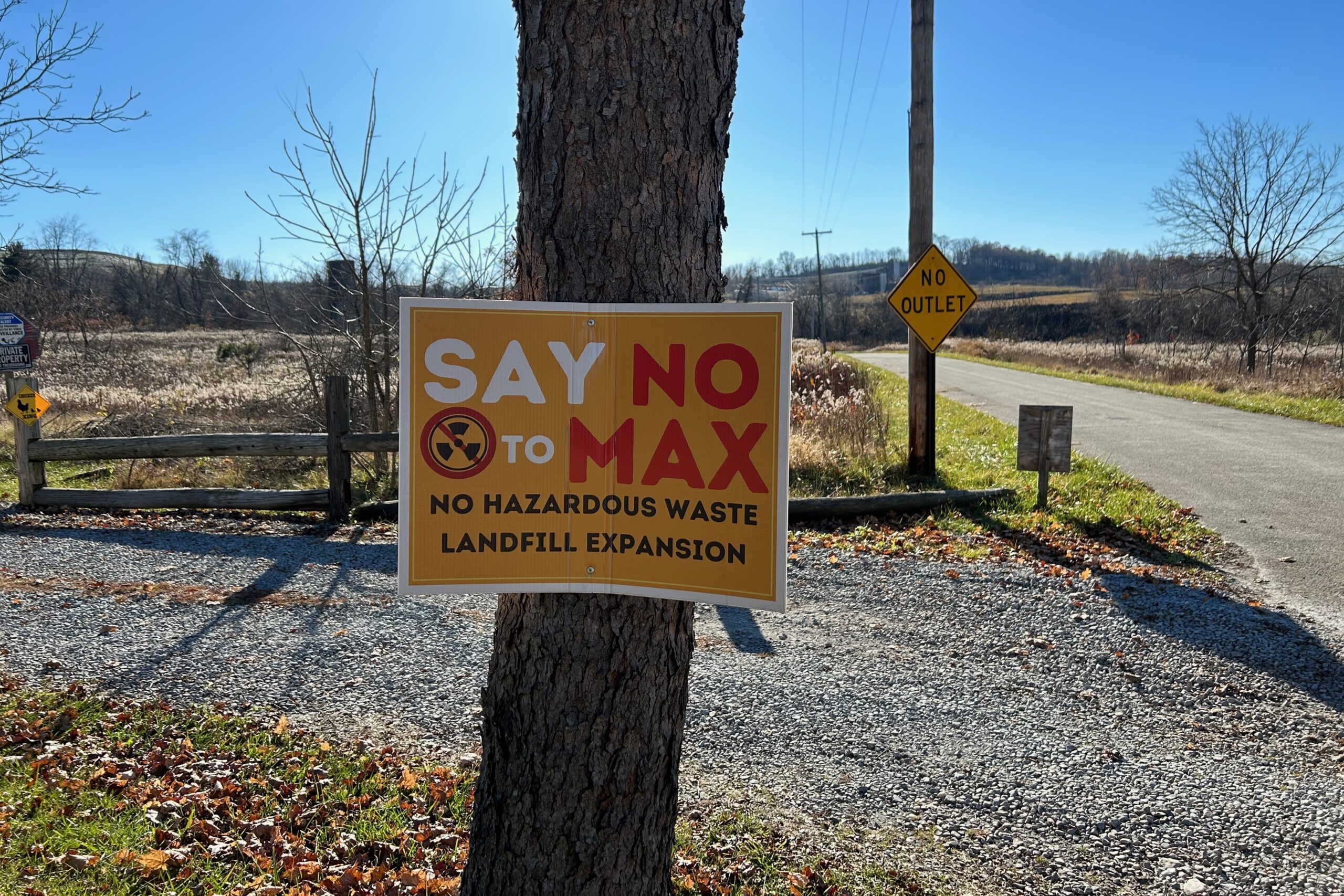 A sign that says "Say No to Max" hangs on a tree