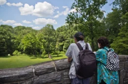 Two people stand on a stone bridge looking at a park with green space and trees