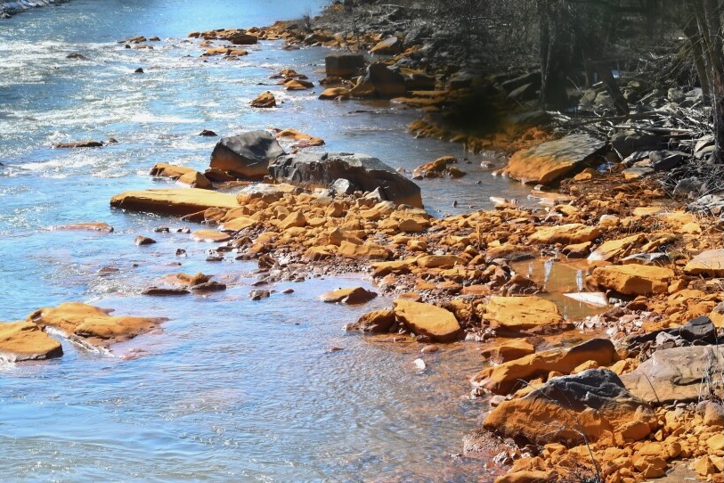 a stream bank with orange rocks
