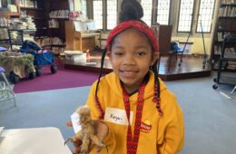A young girl in a yellow sweatshirt holds a museum specimen of a great horned owl in the pal of her hand.