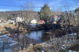 A small river flows next to a tiny hamlet in the winter.