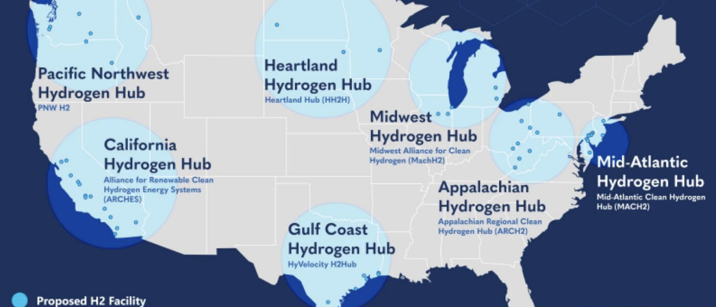 A map of the U.S. showing where hydrogen hubs are located.