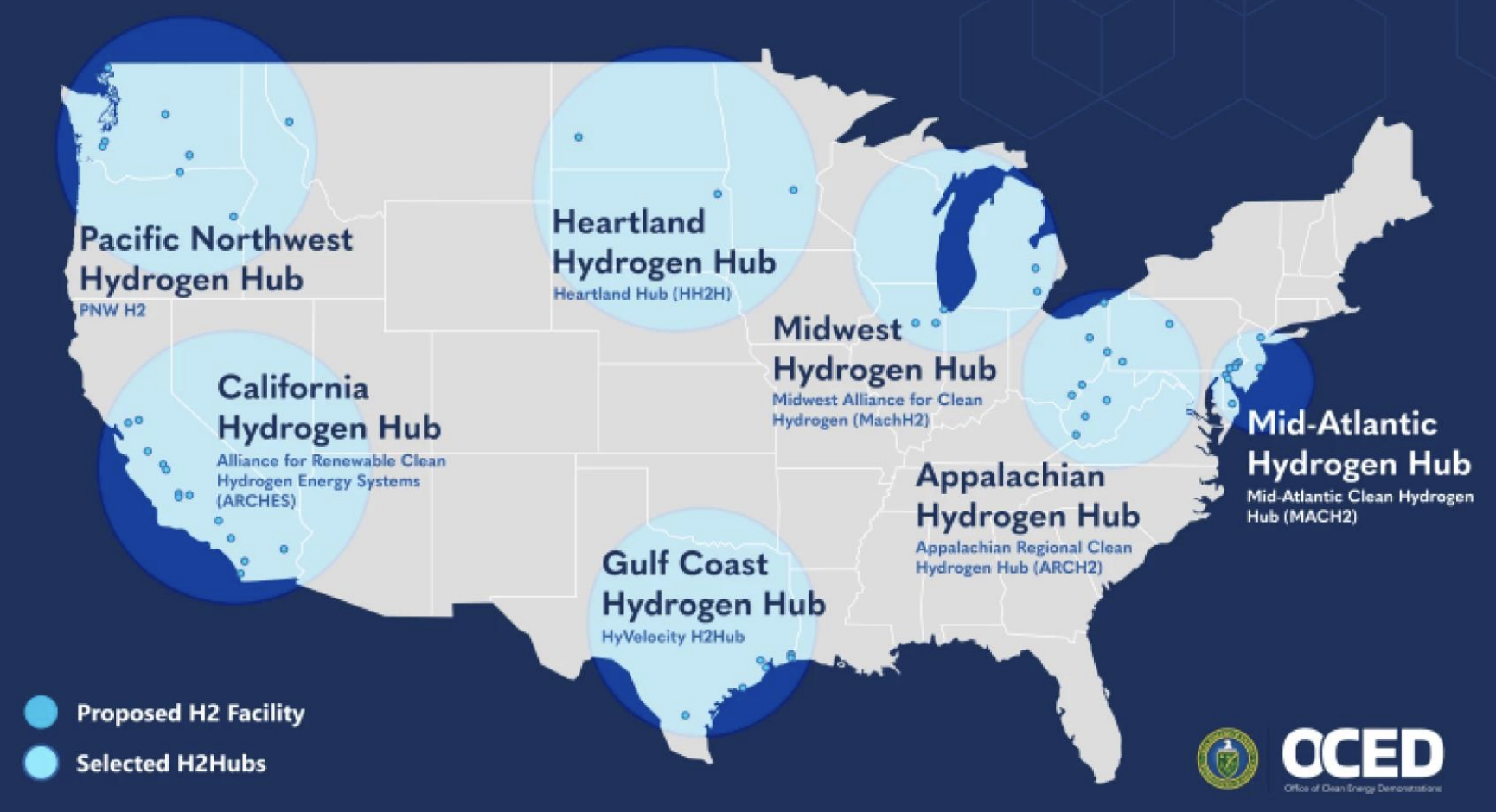 A map of the U.S. showing where hydrogen hubs are located.