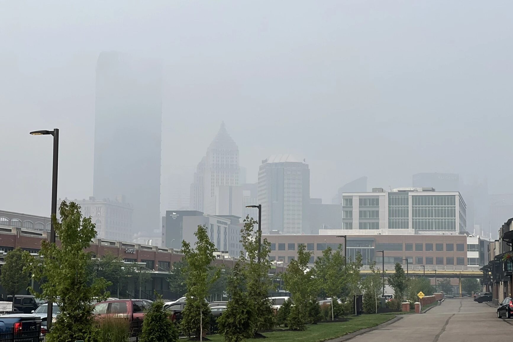 Wildfire smoke in the sky over Pittsburgh skyline