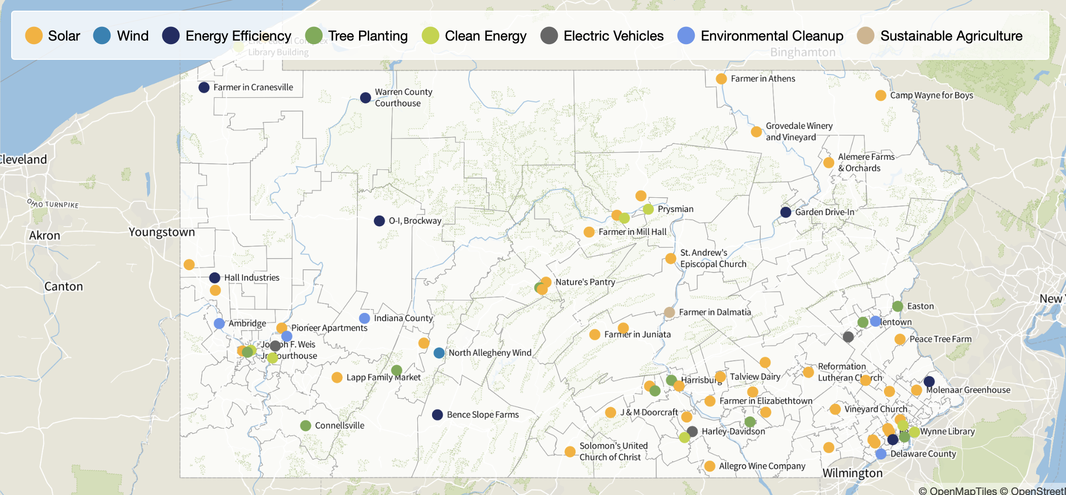 A map of Pa. showing clean energy projects.